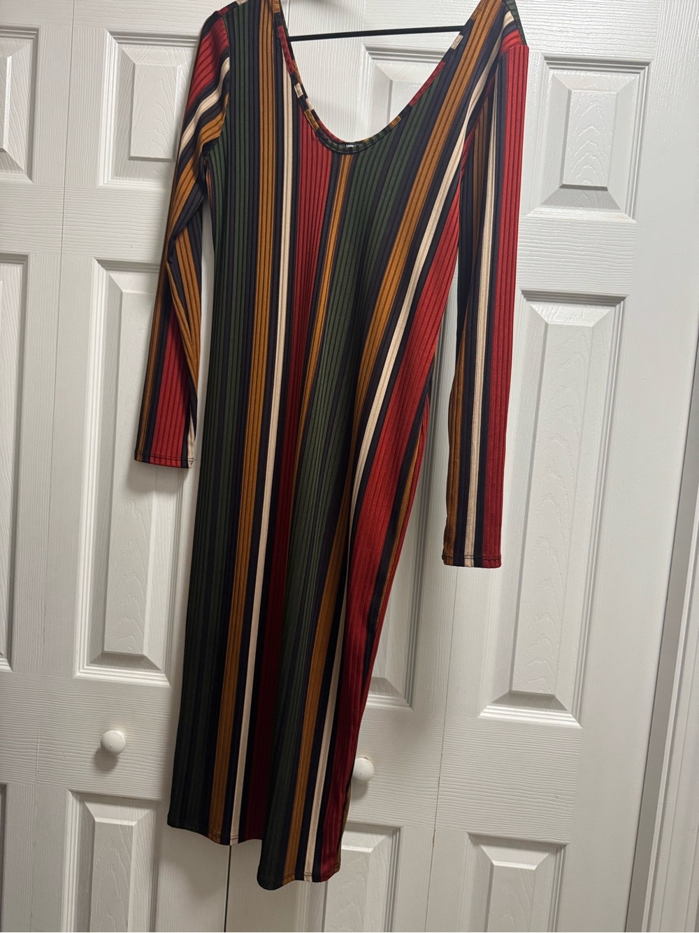 Fashion Nova Vertical Stripe Long Sleeve Midi Dress in Red, Green & Mustard